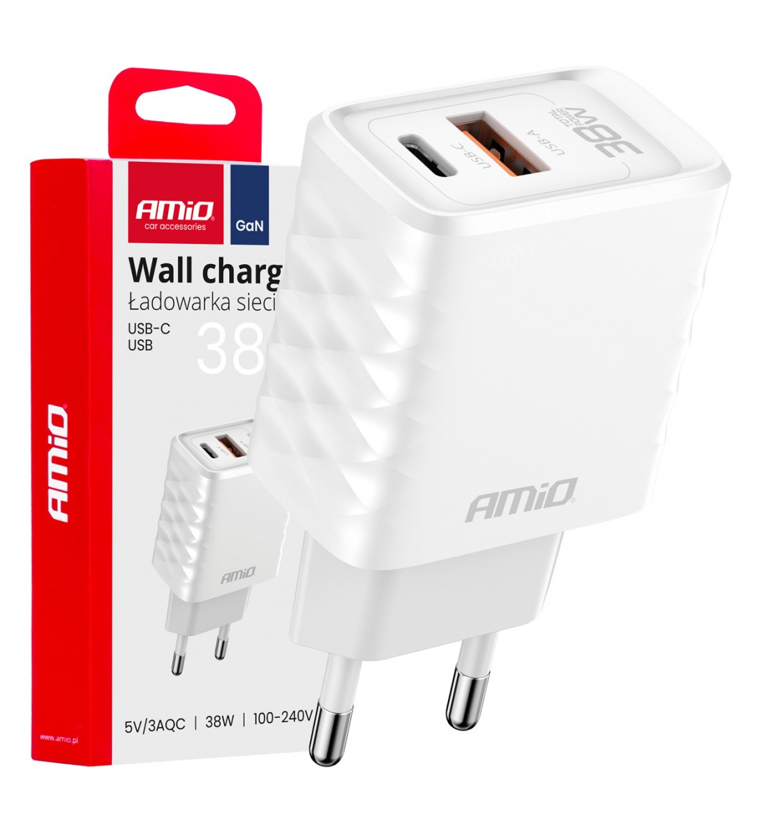 Încărcător de perete Încărcător rapid GaN 38W USB-A + USB-C AMIO-04287