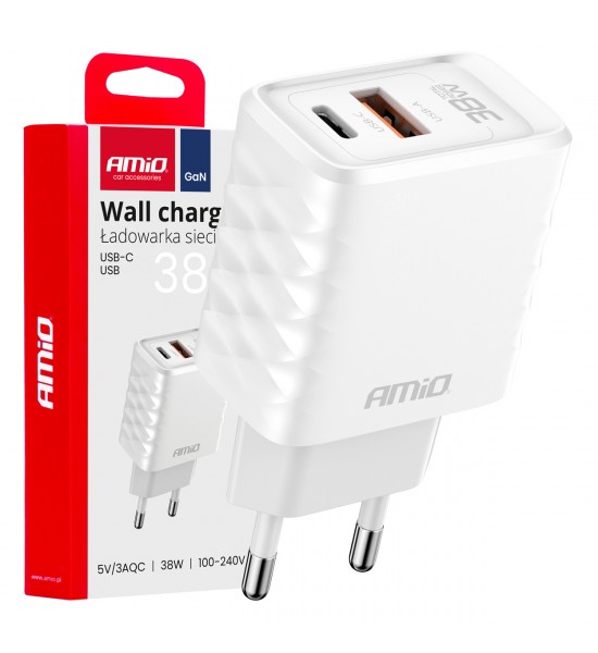 Încărcător de perete Încărcător rapid GaN 38W USB-A + USB-C AMIO-04287