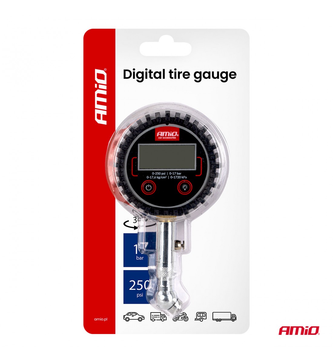 Manometru digital pentru presiunea anvelopelor cu cap rotativ și supapă de aerisire 17 bar AMIO-04464