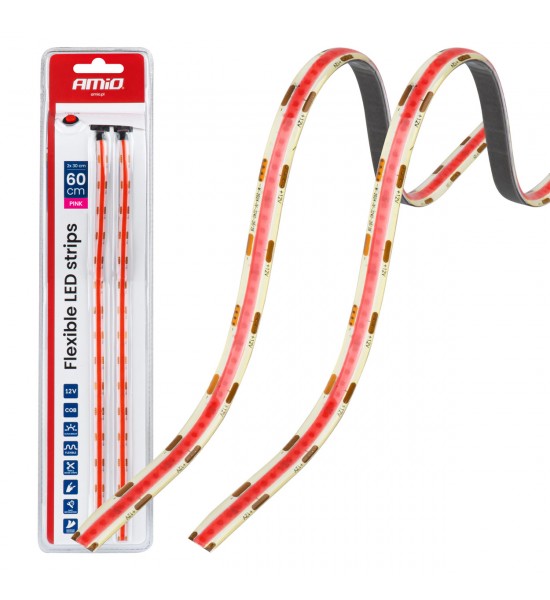 Benzi LED COB pentru mașini roz 2x30cm 12V AMIO-04570