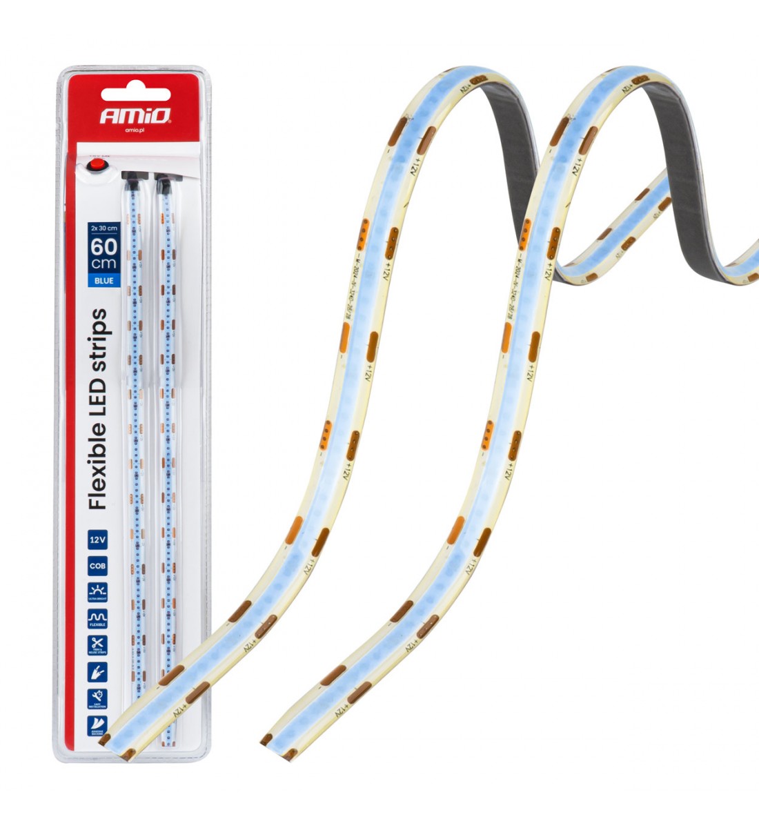 Benzi LED COB pentru mașini albastre 2x30cm 12V AMIO-04571