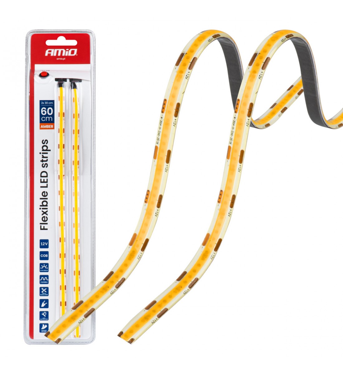 Benzi LED COB pentru mașini portocalii 2x30cm 12V AMIO-04572