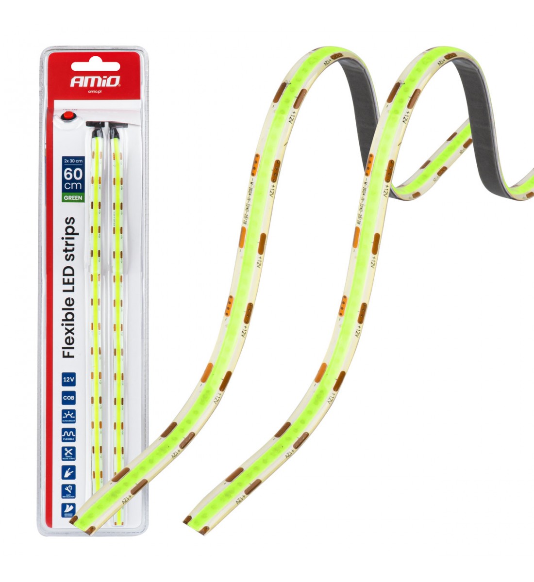 Benzi LED COB flexibile, verzi, 2x30 cm, 12 V, AMIO-04573