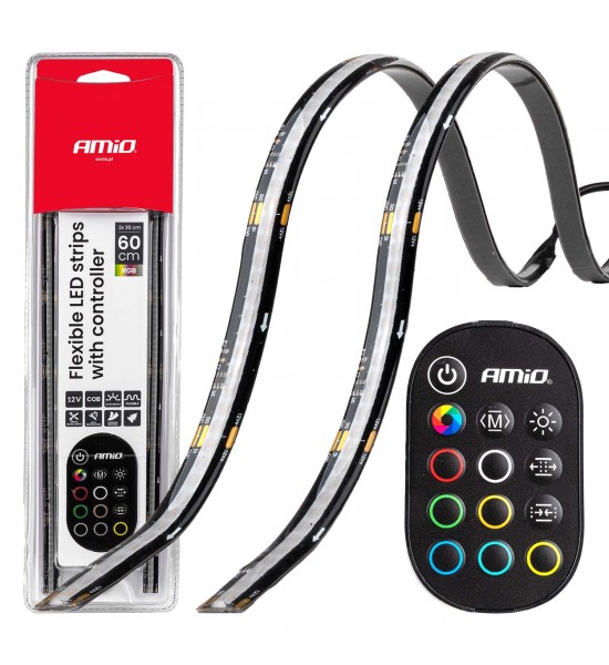 Benzi LED COB pentru mașini, RGB multicolor cu telecomandă, 2x30cm, 12V AMIO-04579