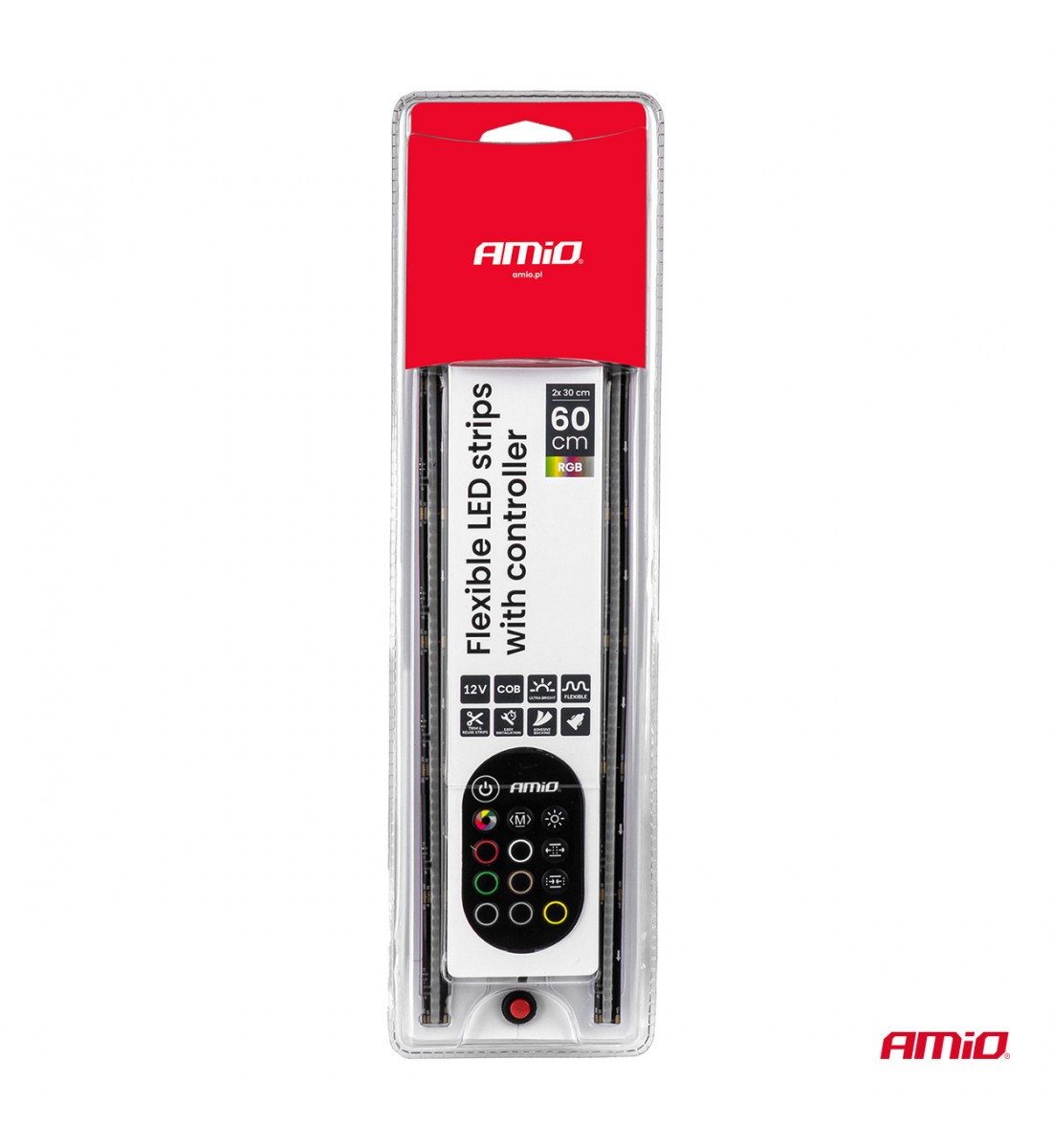 Benzi LED COB pentru mașini, RGB multicolor cu telecomandă, 2x30cm, 12V AMIO-04579