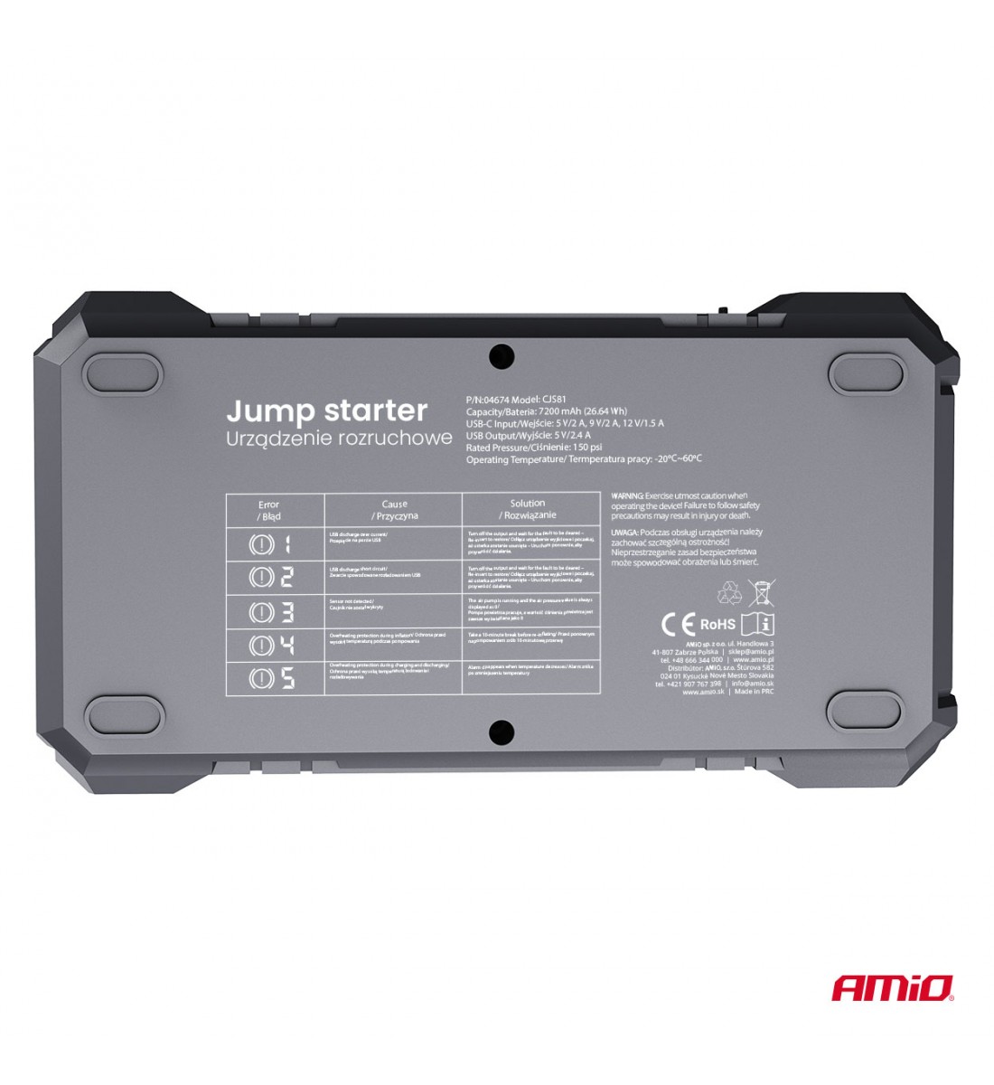 Acumulator portabil 4 în 1 cu LED/Compresor de aer/baterie externă 12 V 7, 2Ah 600 A PRO AMIO-04674