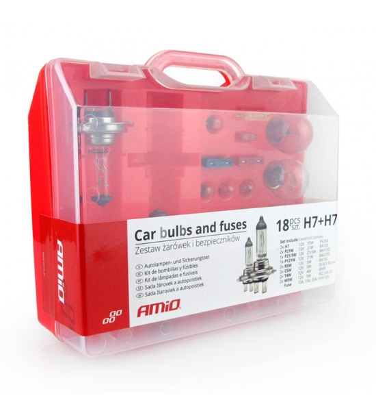 Set becuri si sigurante, tava 18 buc H1+H7 AMIO-01498