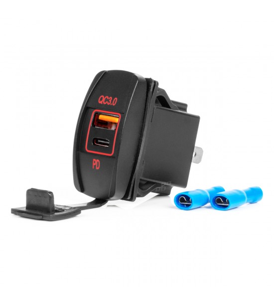 Încărcător de telefon rezistent la apă în formă de barcă cu iluminare de fundal LED ROȘU USB + USB C QC3.0 12/24V 