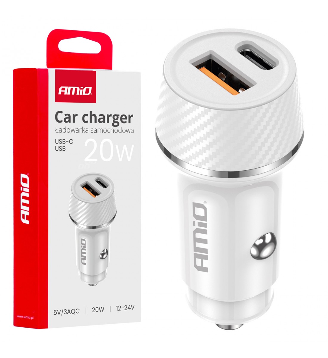 Încărcător auto USB-A + USB-C 20W AMIO-03878