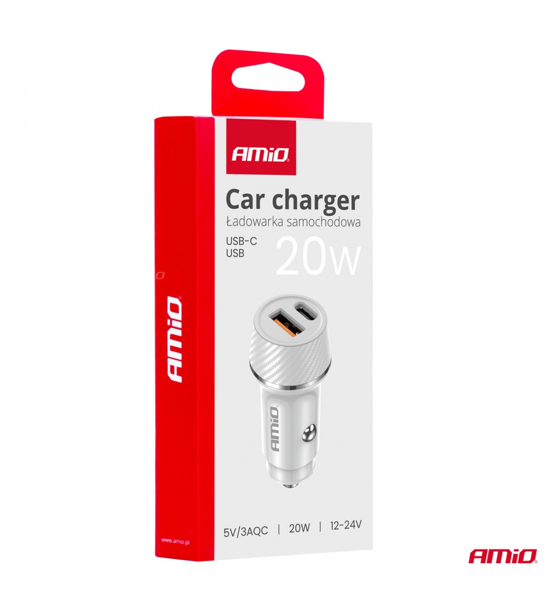 Încărcător auto USB-A + USB-C 20W AMIO-03878