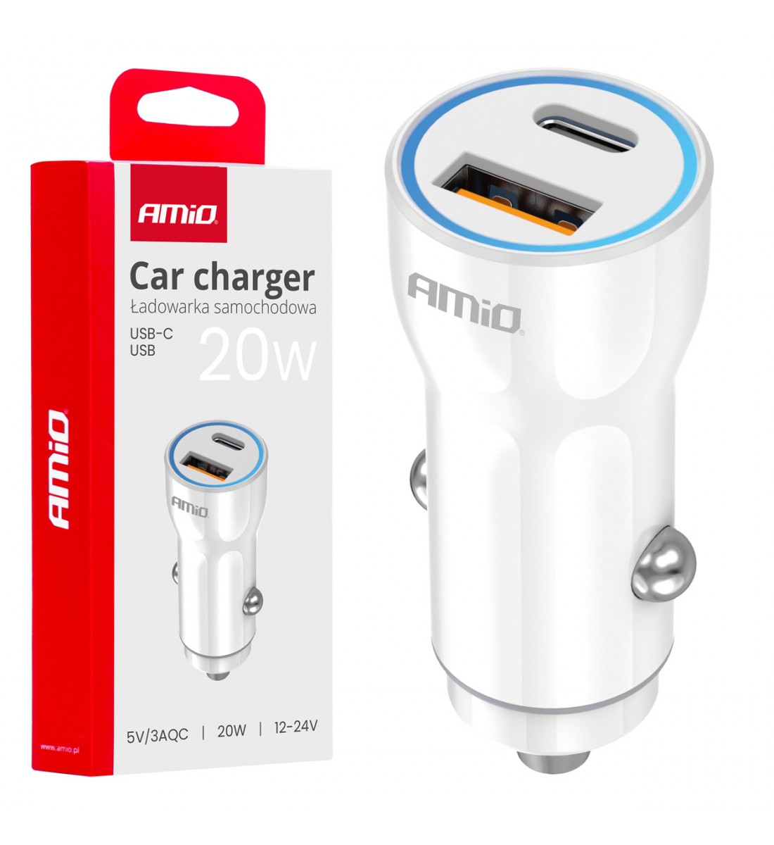 Încărcător auto USB-A+ USB-C 20W AMIO-03881