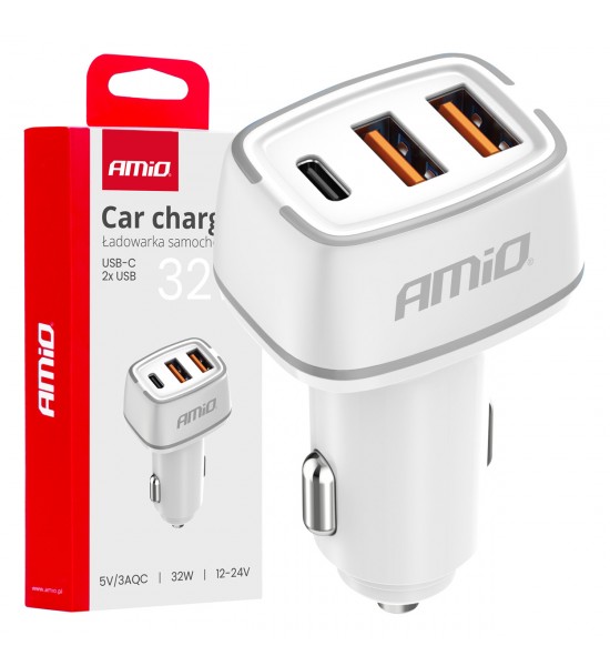 Incarcator auto 2x USB-A + USB-C 32W AMIO-03890 Incarcator auto 2x USB-A + USB-C 32W AMIO-03890