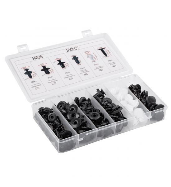 Set 100 piese, cleme, dibluri, clipsuri fixare, universale, plastic Set 100 piese, cleme, dibluri, clipsuri fixare, universale, plastic