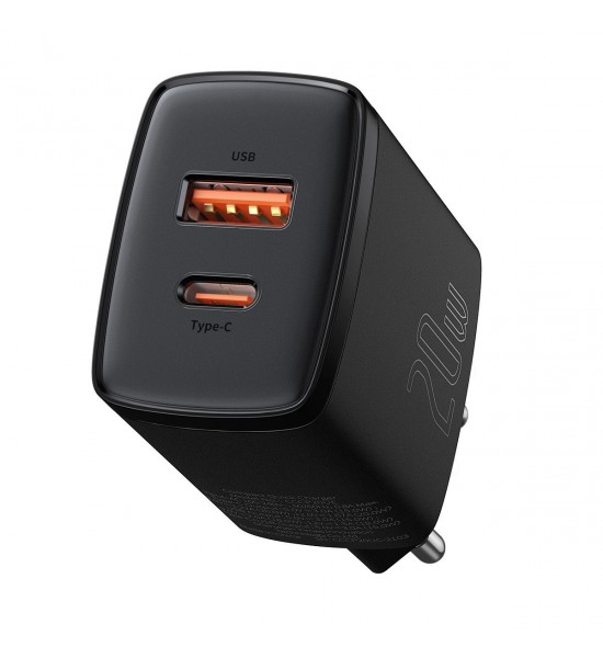 Incarcator priza, Baseus Compact Quick Charger, USB si USB-C, 20W negru