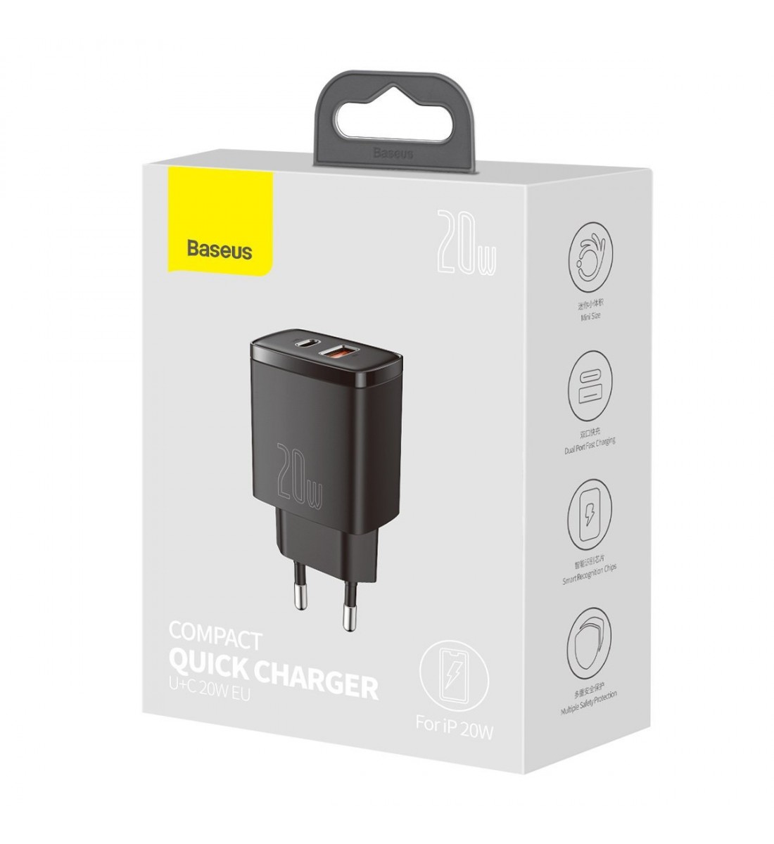 Incarcator priza, Baseus Compact Quick Charger, USB si USB-C, 20W negru