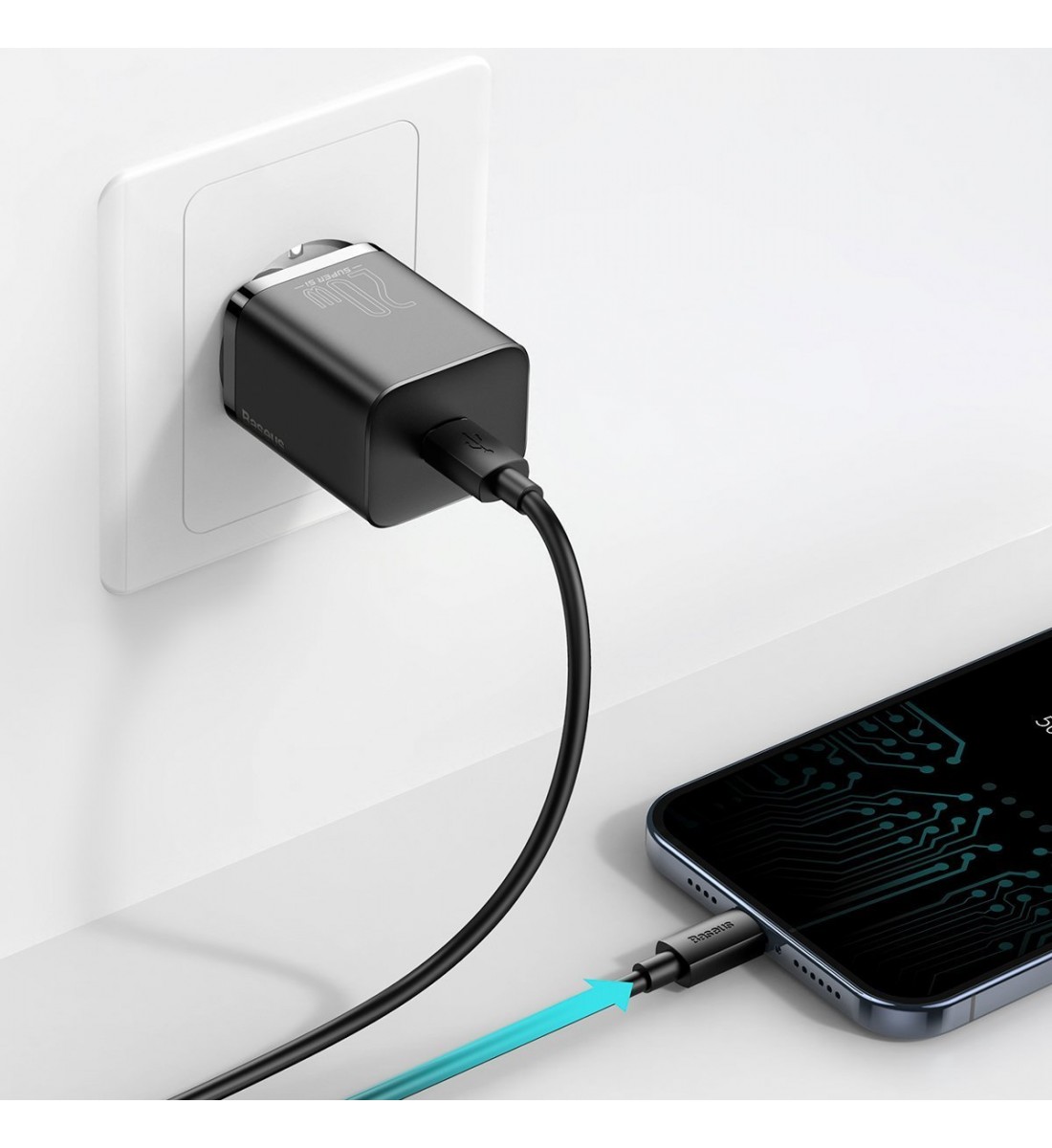 Priză de alimentare, USB-C, Baseus Super Si Quick Charger, cablu Lightning, 100 cm, negru