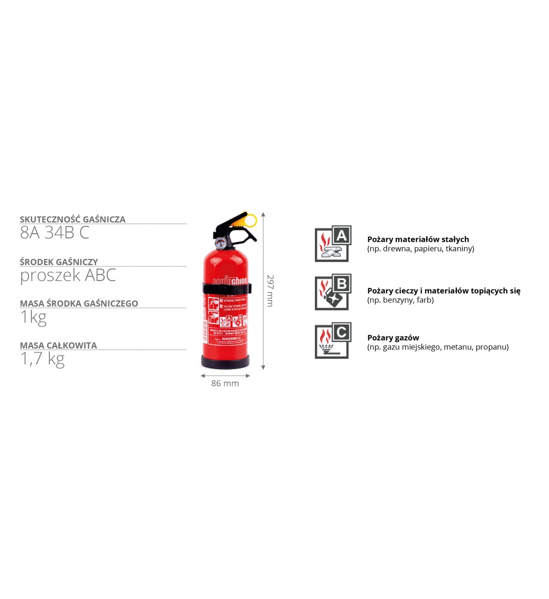 Stingător cu pulbere ABC cu manometru și suport, 1 kg