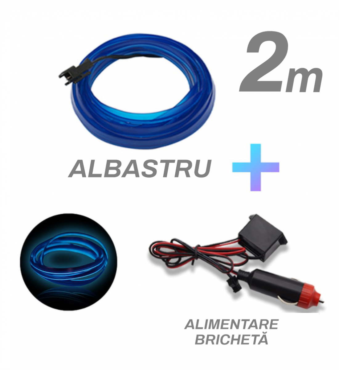 Fir cu neon, albastru, 2 metri, 12V, alimentare bricheta 