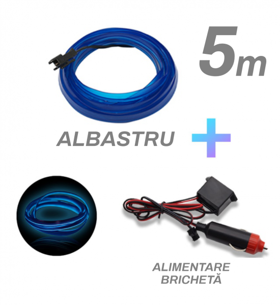 Fir cu neon, albastru, 5 metri, 12V, alimentare bricheta 