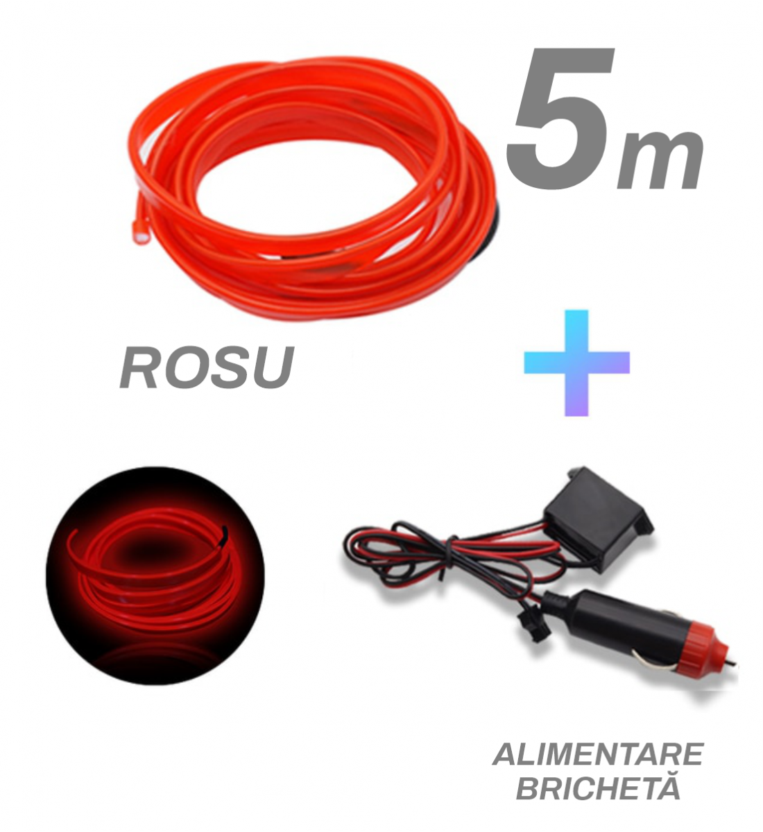 Fir cu neon, rosu, 5 metri, 12V, alimentare bricheta 