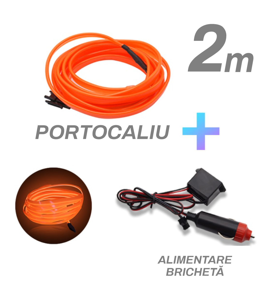 Fir cu neon, portocaliu, 2 metri, 12V, alimentare bricheta 