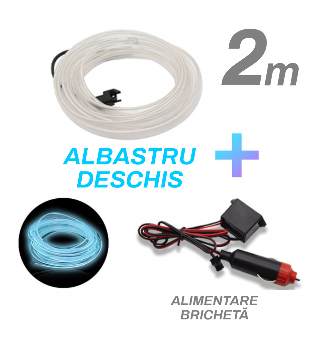 Fir cu neon, albastru deschis, 2 metri, 12V, alimentare bricheta 