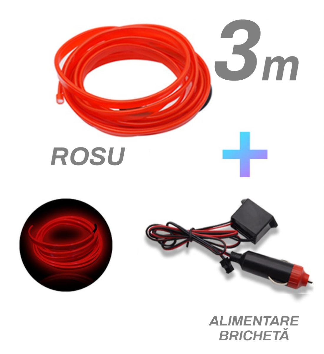 Fir cu neon, rosu, 3m, 12v, alimentare bricheta