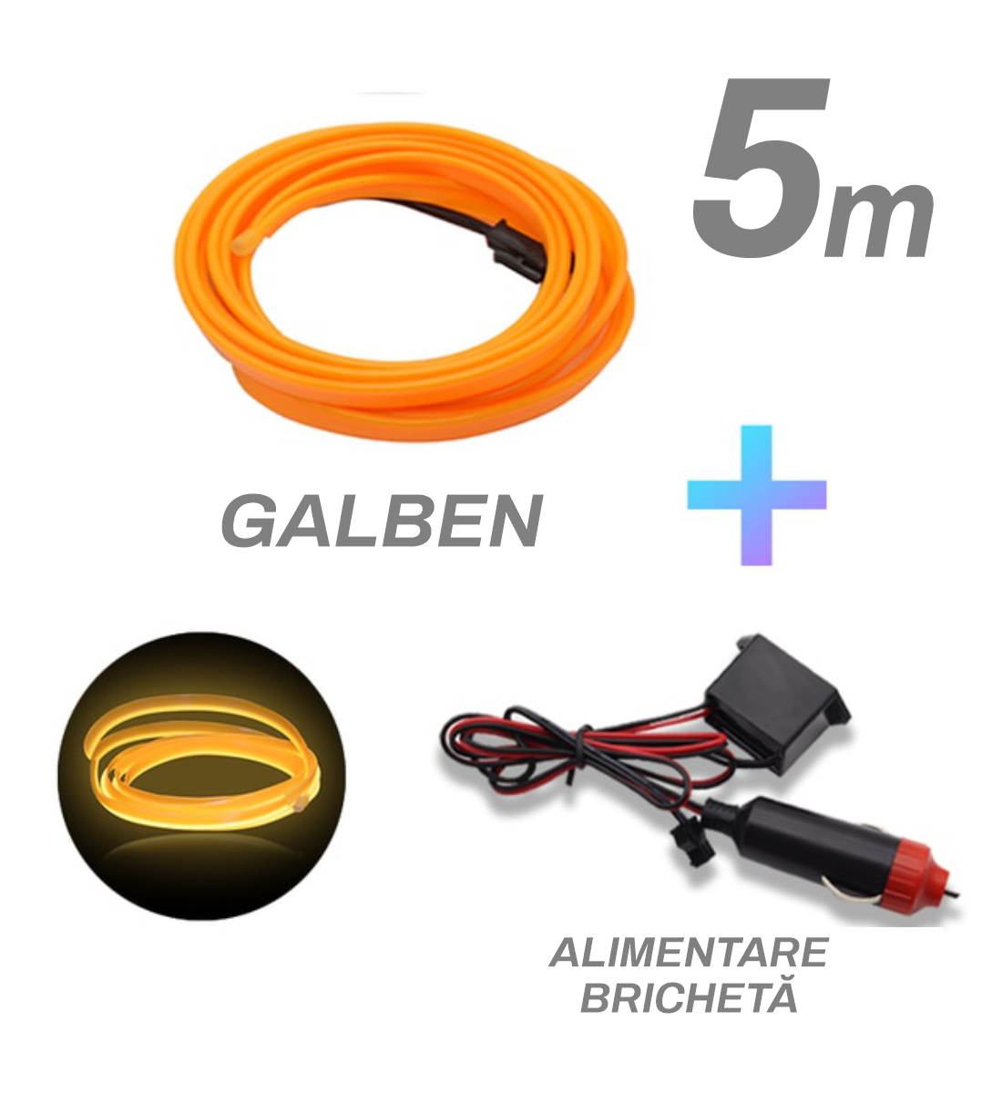 Fir cu neon, galben, 5 metri, 12V, alimentare bricheta 