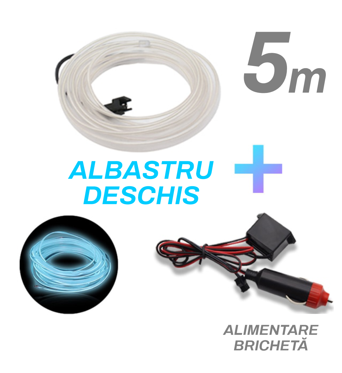 Fir cu neon, albastru deschis, 5 metri, 12V, alimentare bricheta 