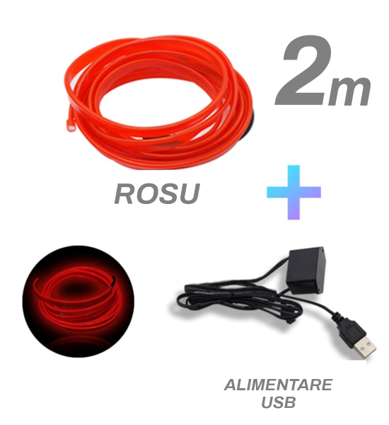 Fir cu neon, rosu, 2 metri, 5V,  alimentare USB