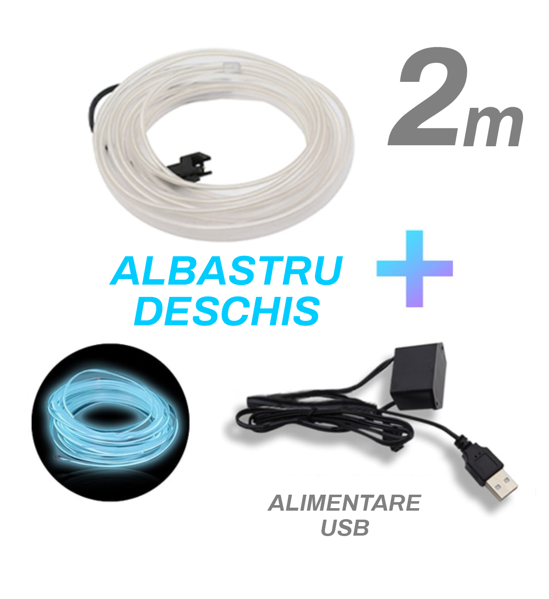 Fir cu neon, albastru deschis, 2 metri, 5V, alimentare USB