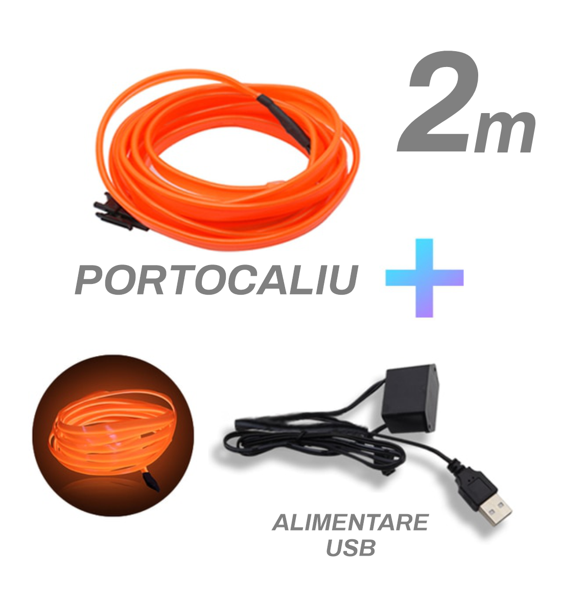 Fir cu neon, portocaliu, 2 metri, 5V, alimentare USB