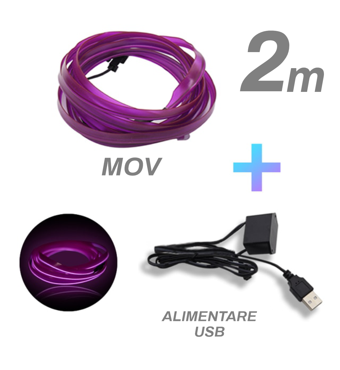 Fir cu neon, mov, 2 metri, 5V, alimentare USB