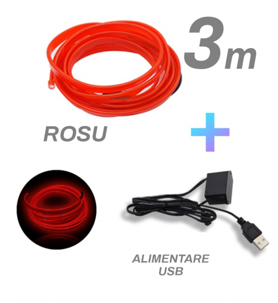 Fir cu neon, rosu, 3 metri, 5V, alimentare USB