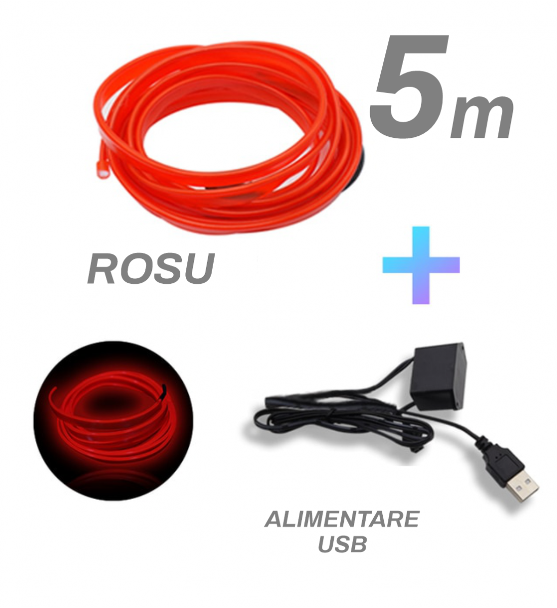 Fir cu neon, rosu, 5 metri, 5V, alimentare USB