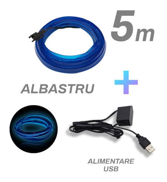 Fir cu neon, albastru, 5 metri, 5V, alimentare USB