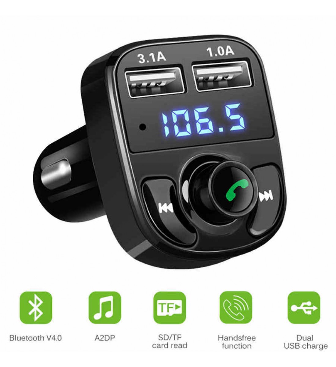 Modulator auto FM X8, Bluetooth, USB, Afisaj LED, Negru