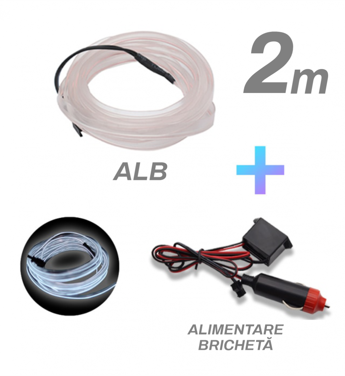 Fir cu neon, alb, 2 metri, 12V, alimentare bricheta 