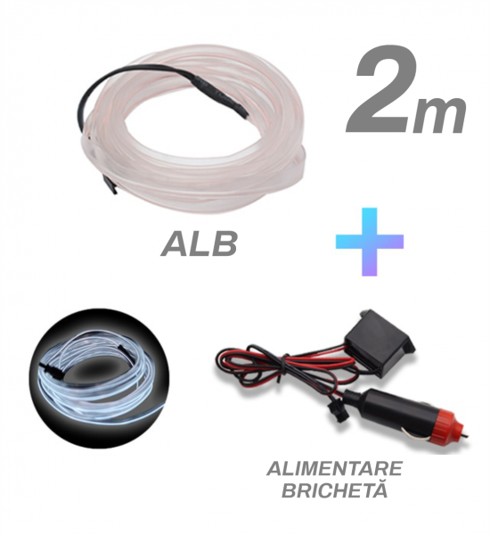 Fir cu neon, alb, 2 metri, 12V, alimentare bricheta  Fir cu neon, alb, 2 metri, 12V, alimentare bricheta