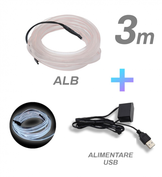 Fir cu neon, alb, 3 metri, 5V, alimentare USB Fir cu neon, alb, 3 metri, 5V, alimentare USB