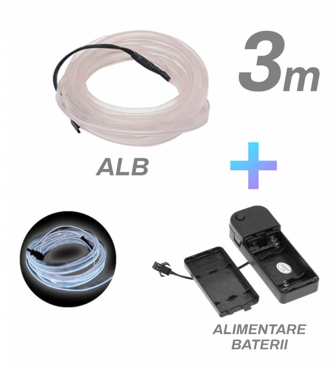Fir cu neon, alb, 3M, 3V, alimentare baterii Fir cu neon, alb, 3M, 3V, alimentare baterii