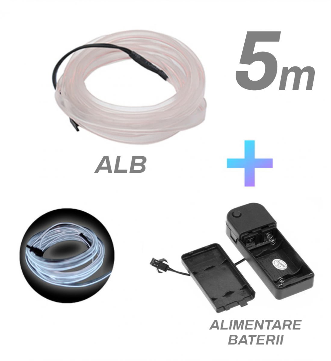 Fir cu neon, alb, 5M, 3V, alimentare baterii Fir cu neon, alb, 5M, 3V, alimentare baterii