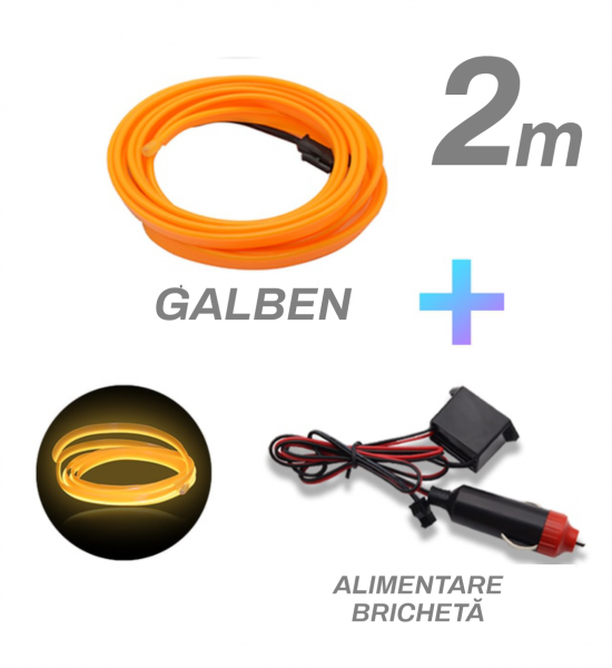 Fir cu neon, galben, 2 metri, 12V, alimentare bricheta