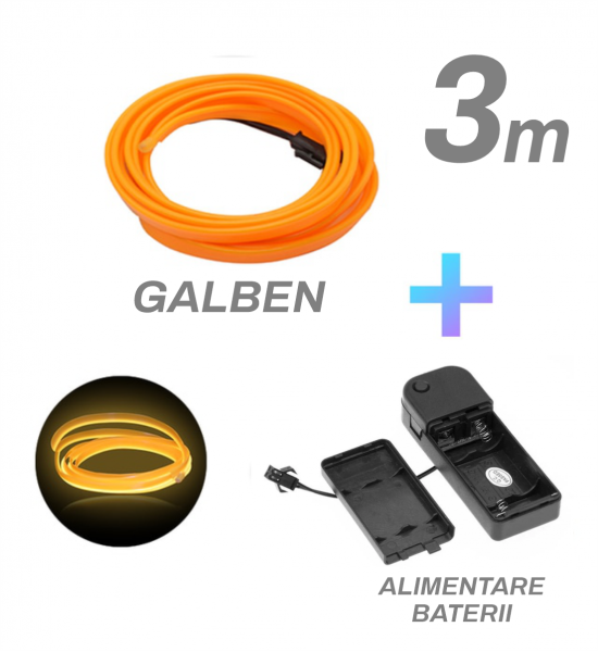 Fir cu neon, galben, 3M, 3V, alimentare baterii
