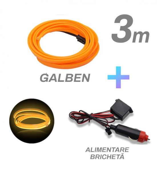 Fir cu neon, galben, 3 metri, 12V, alimentare bricheta