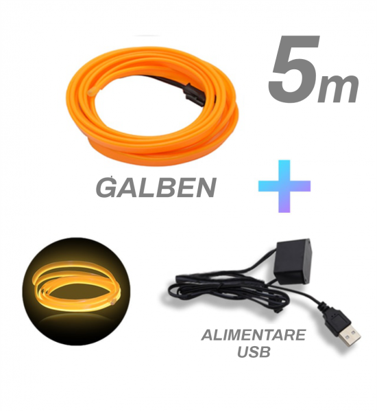Fir cu neon, galben, 5 metri, 5V, alimentare USB