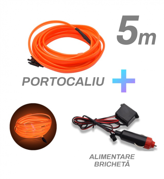 Fir cu neon, portocaliu, 5 metri, 12V, alimentare bricheta