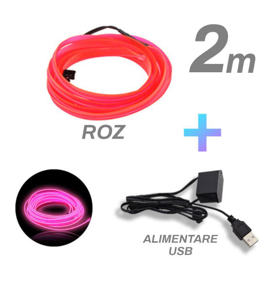 Fir cu neon, roz, 2 metri, 5V, alimentare USB