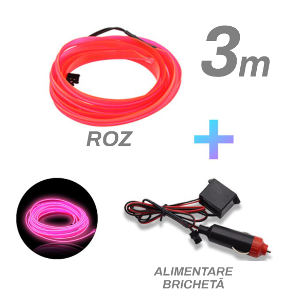 Fir cu neon, roz, 3 metri, 12V, alimentare bricheta
