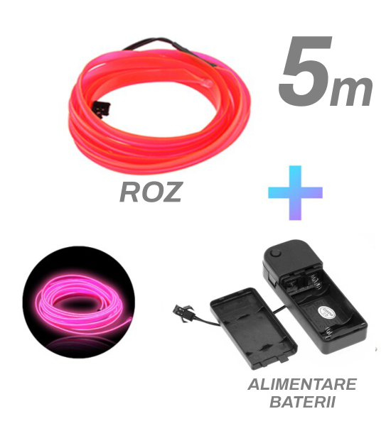Fir cu neon, roz, 5M, 3V, alimentare baterii